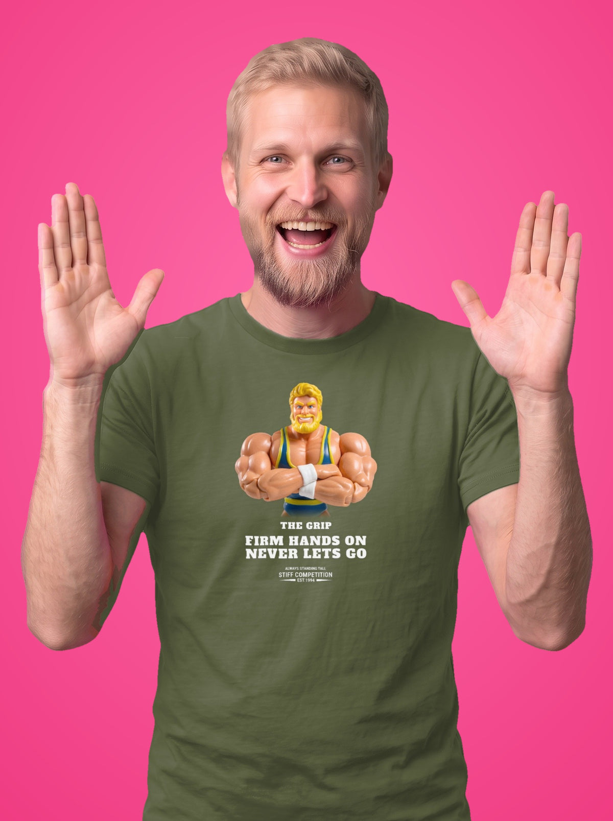 Man wearing the Grip Firm Hands On, Never Lets Go t-shirt in military green