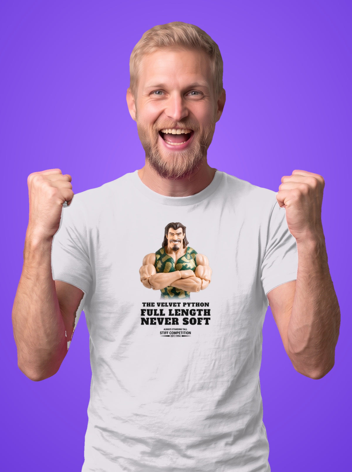 Man wearing the Velvet Python Full Length, Never Soft t-shirt in white