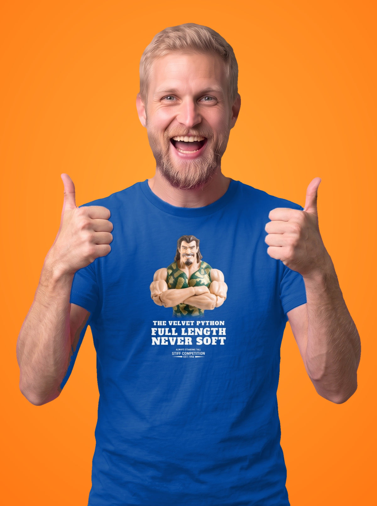 Man wearing the Velvet Python Full Length, Never Soft t-shirt in royal blue
