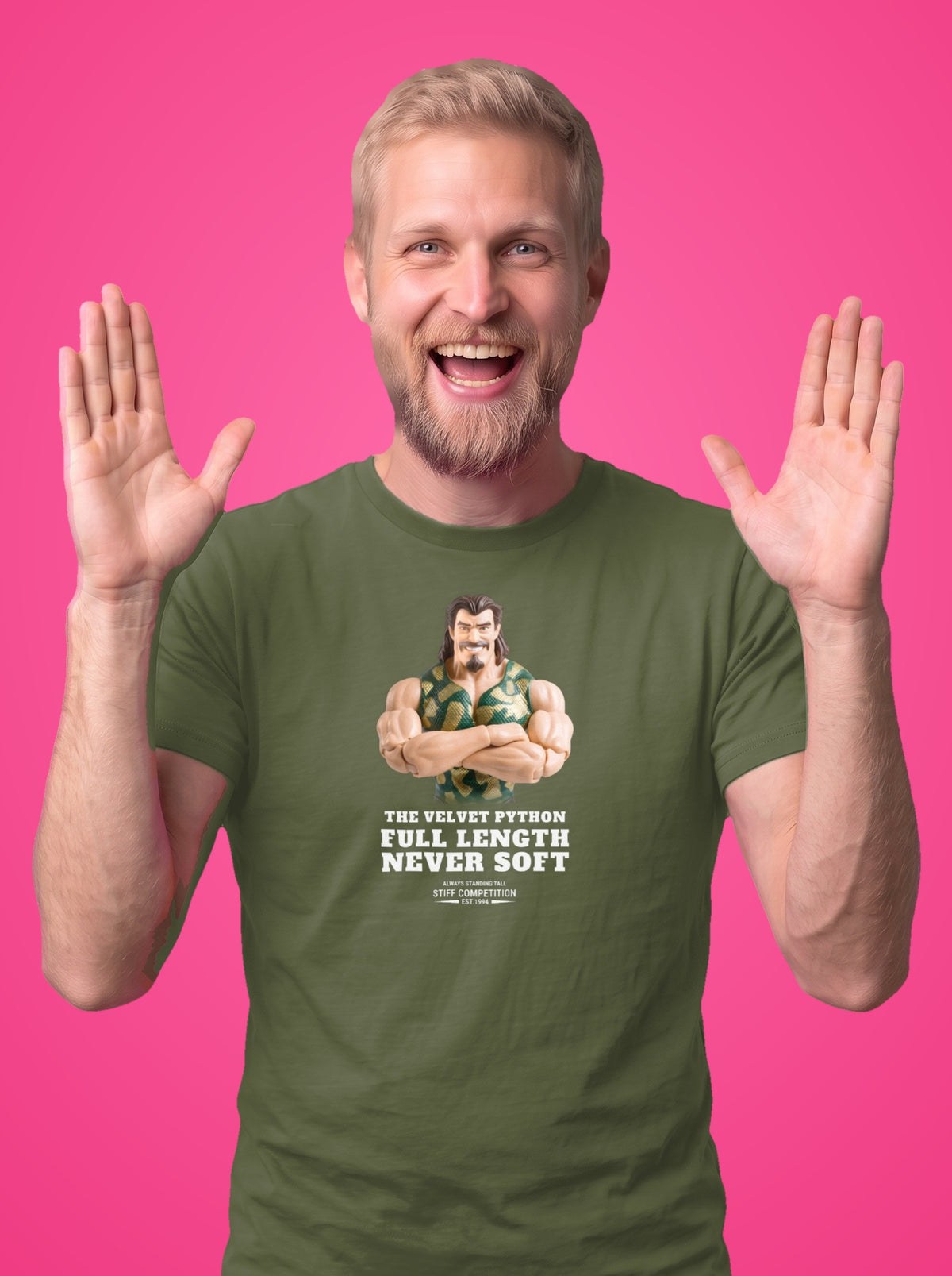 Man wearing the Velvet Python Full Length, Never Soft t-shirt in military green