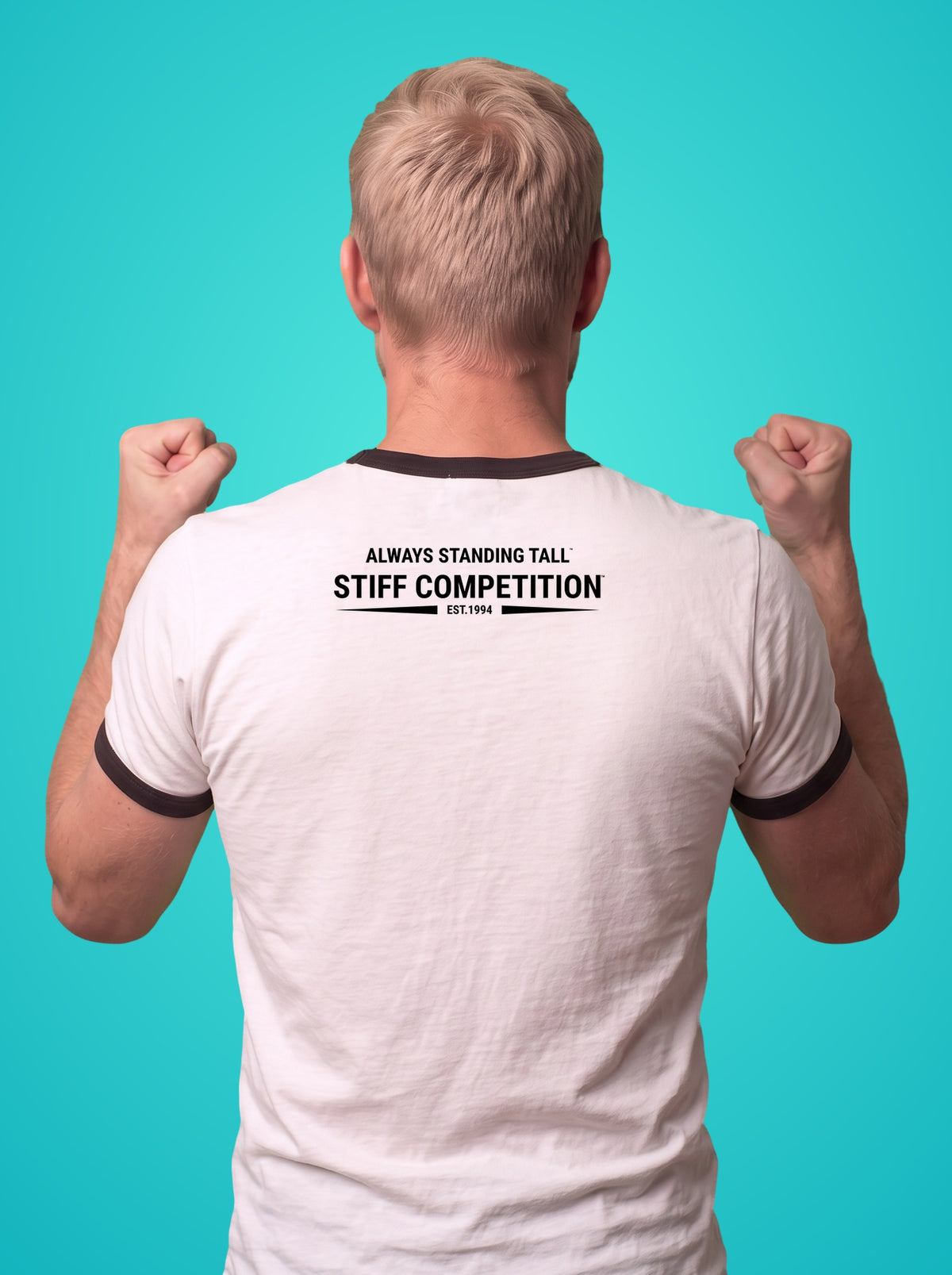 Back of the ringer t-shirt with the Always Standing Tall Stiff Competition logo