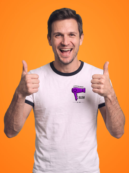 A Morning Blow ringer t-shirt worn by a man, hair dryer print on the left chest