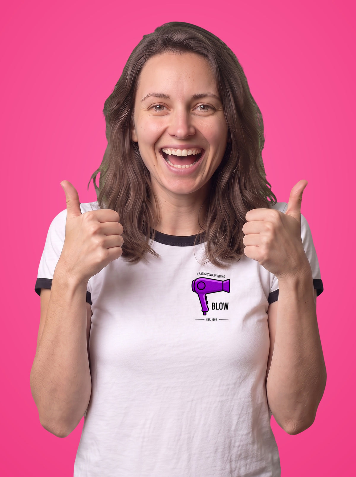 A Morning Blow ringer t-shirt worn by a woman, hair dryer print on the left chest