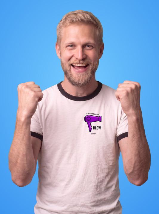 A Morning Blow ringer t-shirt worn by a man, hair dryer print on the left chest