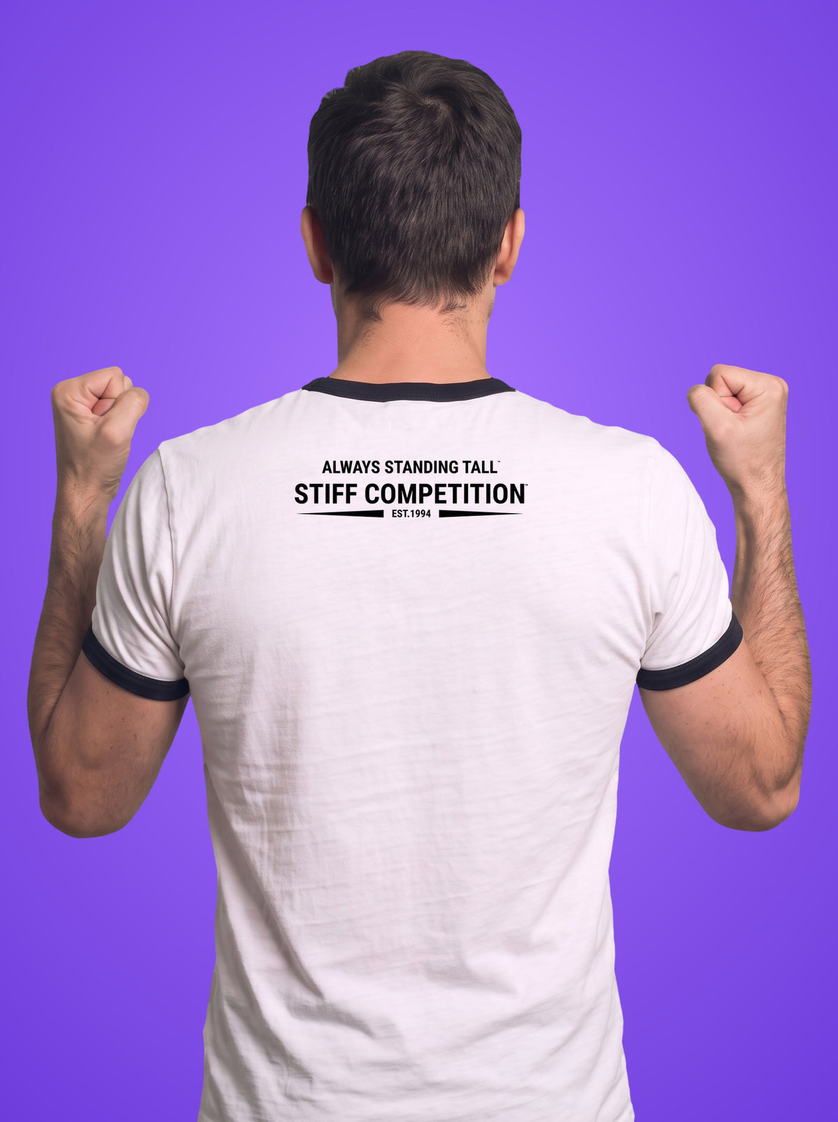 Back of the ringer t-shirt with the Always Standing Tall Stiff Competition logo