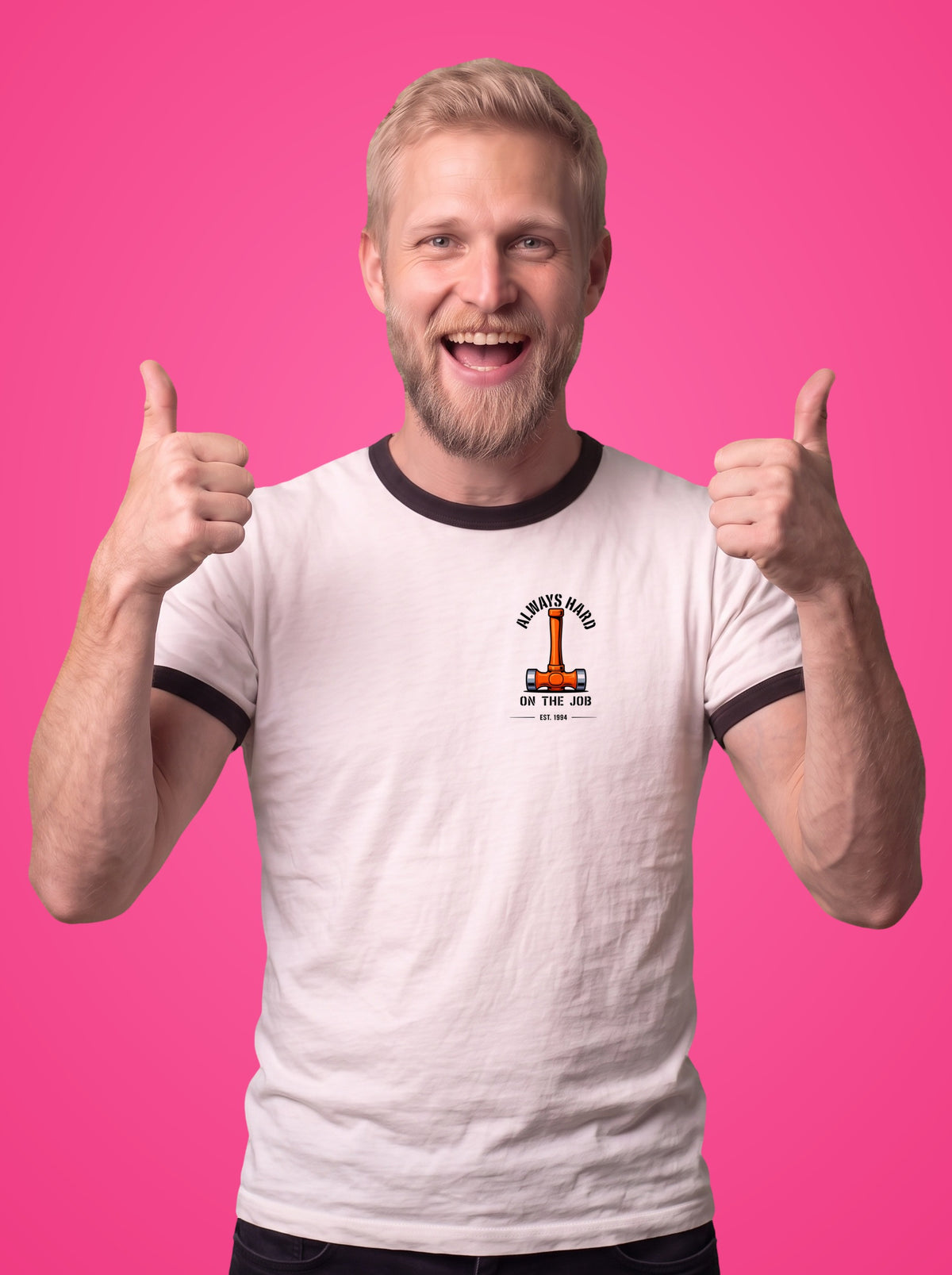 Always Hard on the Job ringer t-shirt worn by a man, sledgehammer print on the left chest