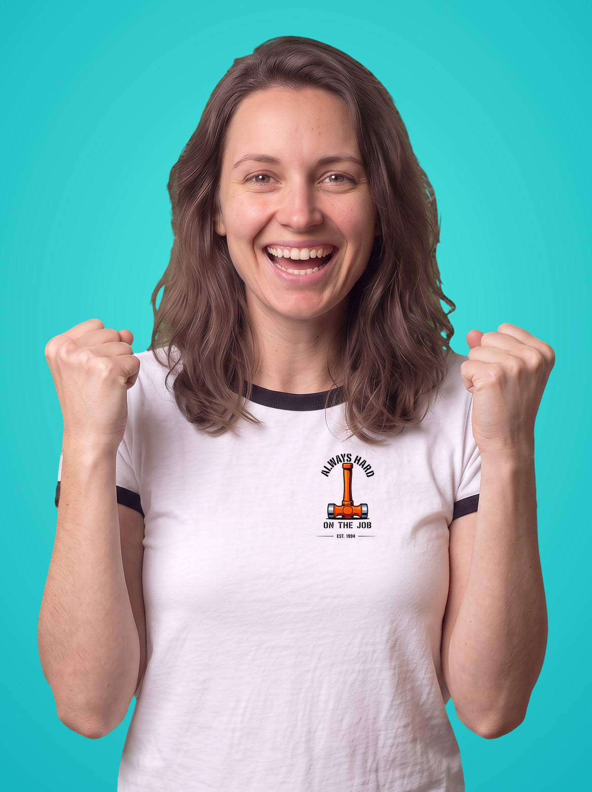 Always Hard on the Job ringer t-shirt worn by a woman, sledgehammer print on the left chest