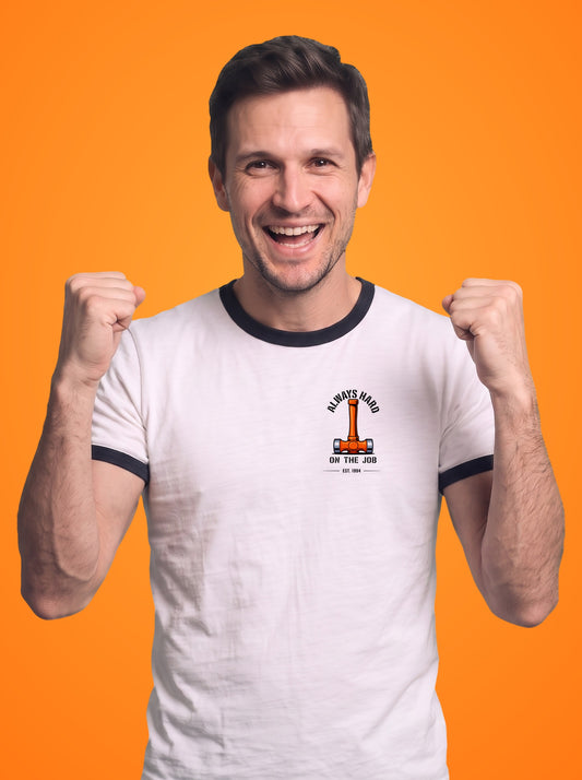 Always Hard on the Job ringer t-shirt worn by a man, sledgehammer print on the left chest