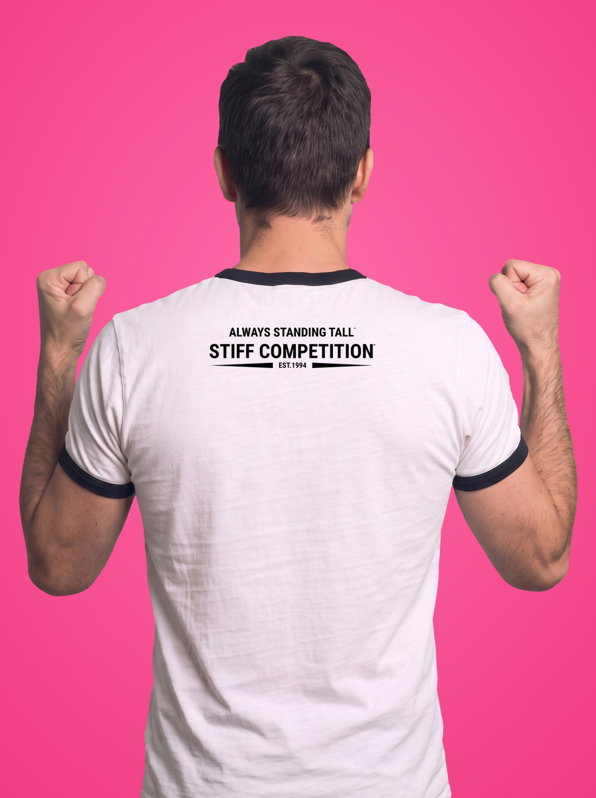 Back of the ringer t-shirt with the Always Standing Tall Stiff Competition logo