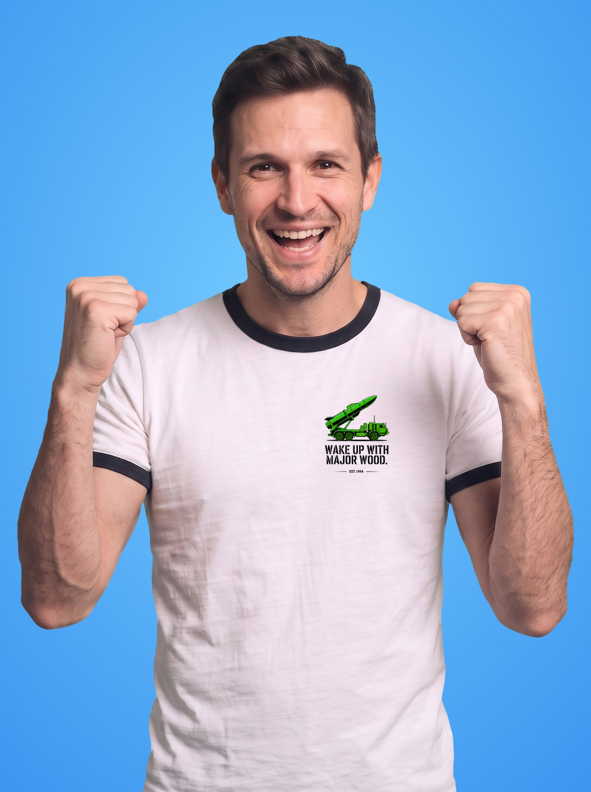 Wake Up with Major Wood ringer t-shirt worn by a man, green missile truck print on the left chest