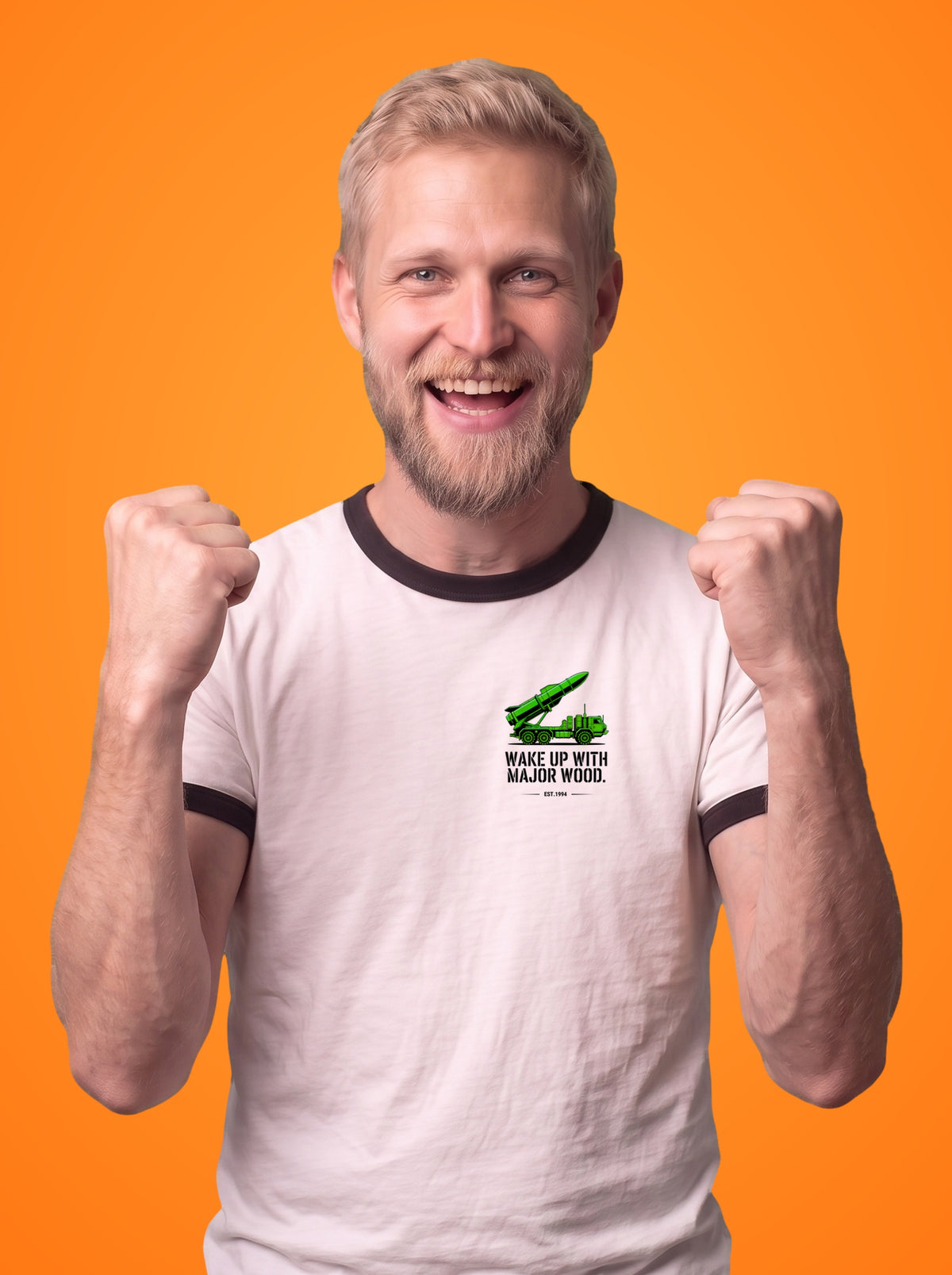 Wake Up with Major Wood ringer t-shirt worn by a man, green missile truck print on the left chest
