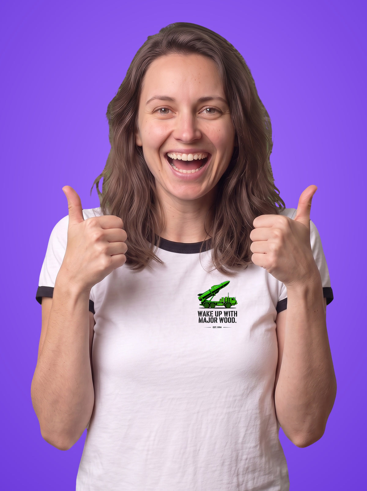 Wake Up with Major Wood ringer t-shirt worn by a woman, green missile truck print on the left chest