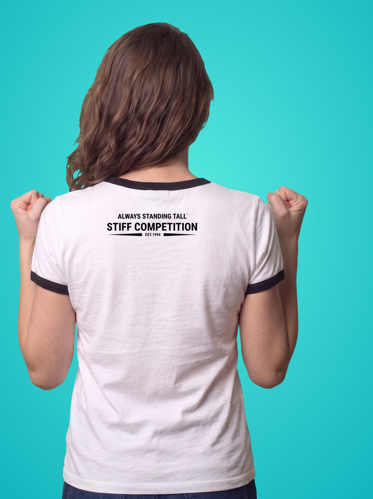 Back of the ringer t-shirt with the Always Standing Tall Stiff Competition logo