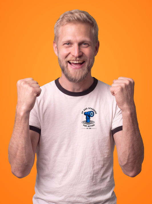 Scanning for Action ringer t-shirt worn by a man, periscope print on the left chest