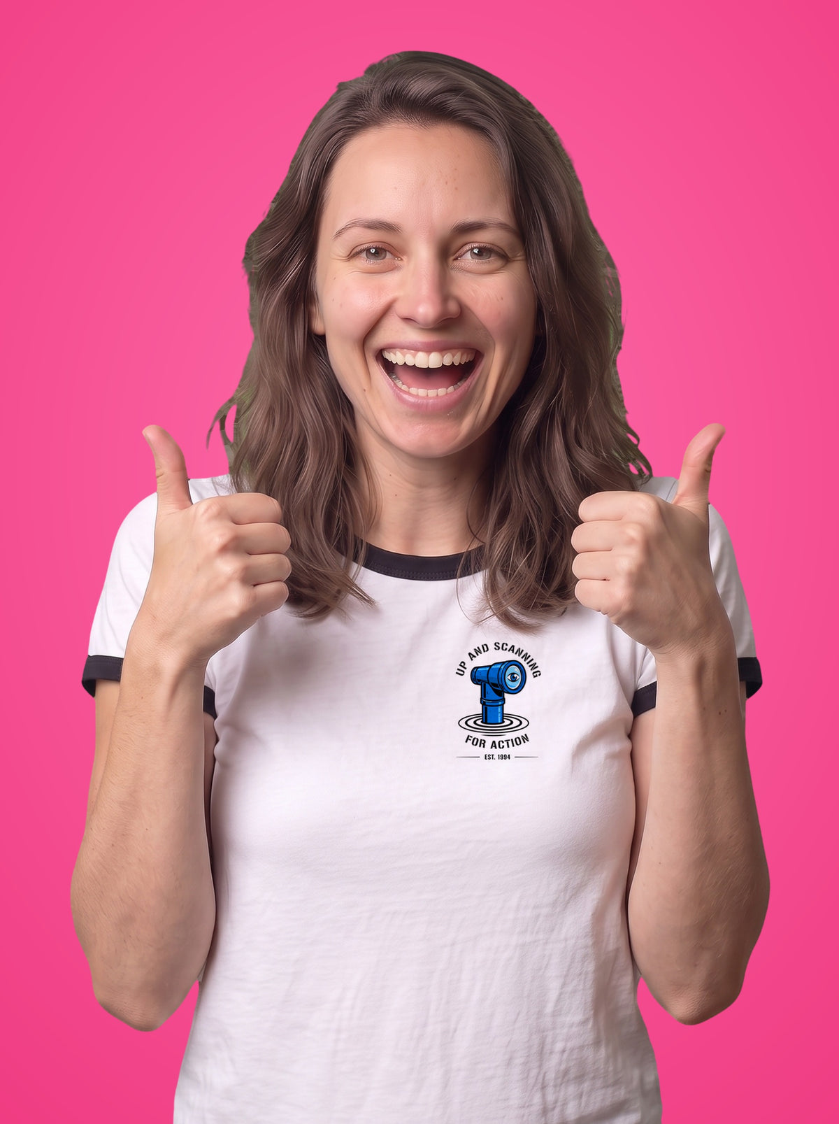 Scanning for Action ringer t-shirt worn by a woman, periscope print on the left chest