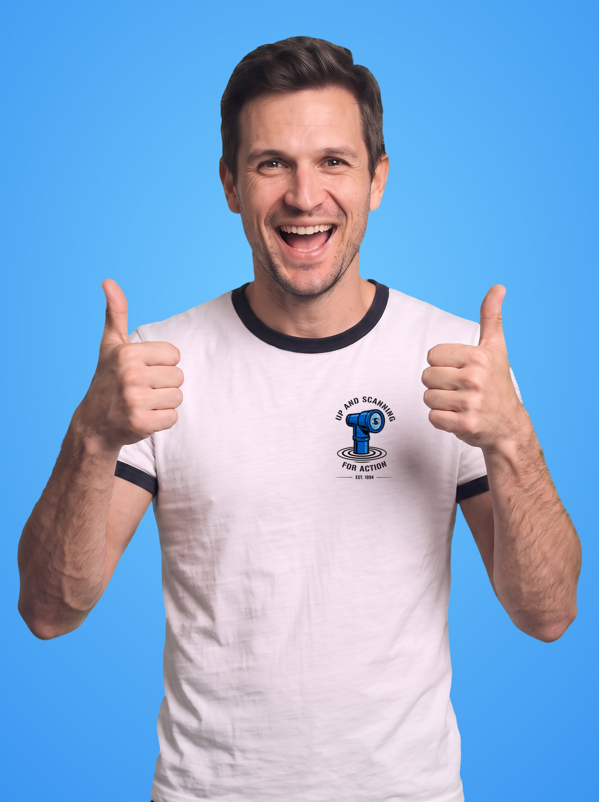Scanning for Action ringer t-shirt worn by a man, periscope print on the left chest