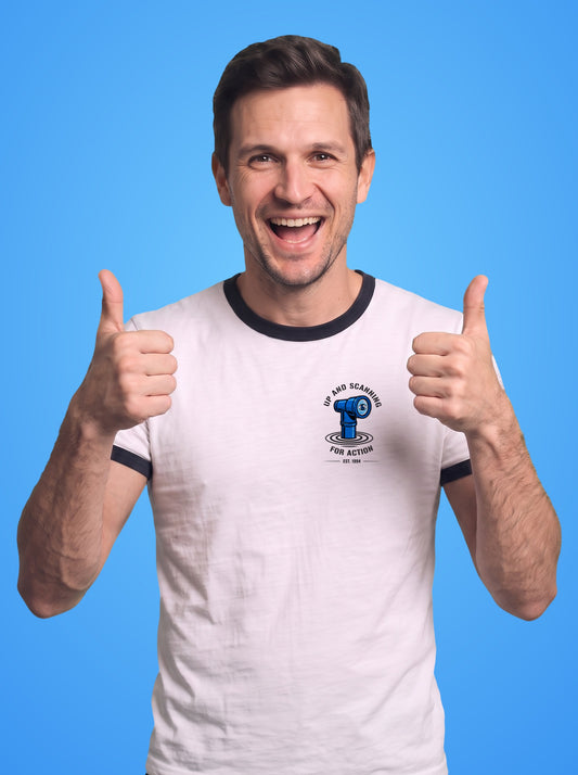 Scanning for Action ringer t-shirt worn by a man, periscope print on the left chest