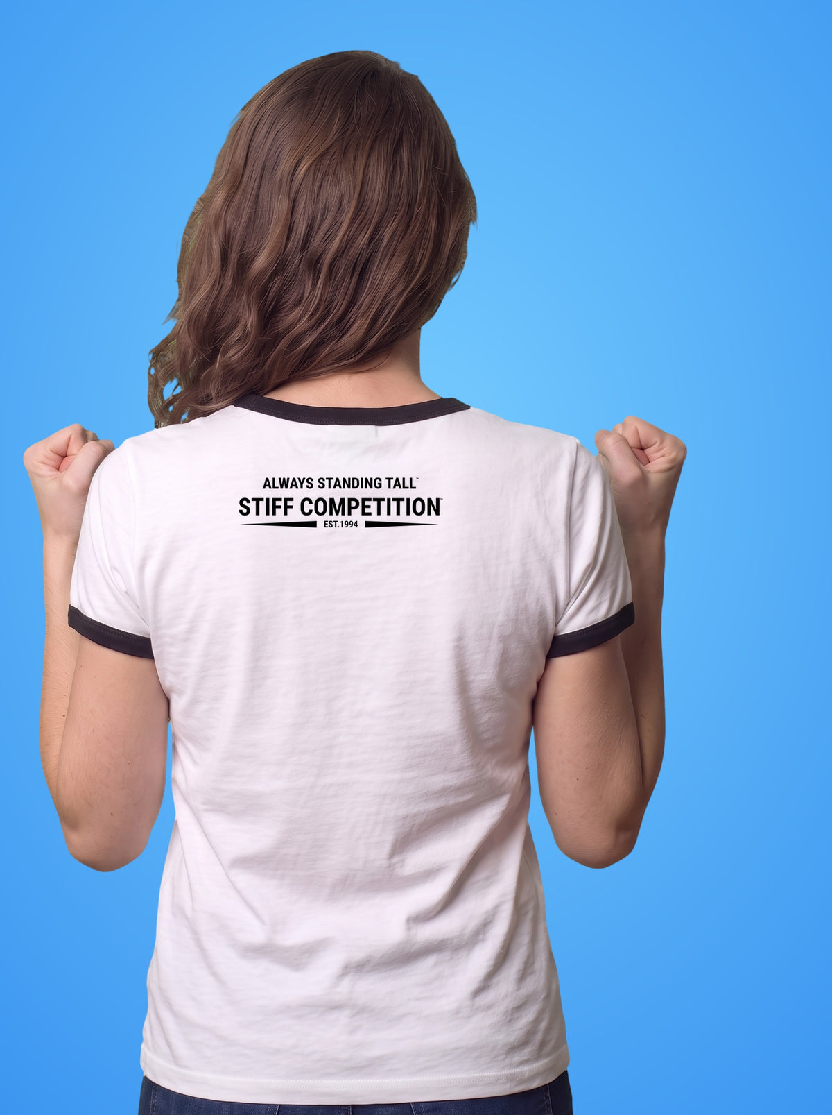 Back of the ringer t-shirt with the Always Standing Tall Stiff Competition logo
