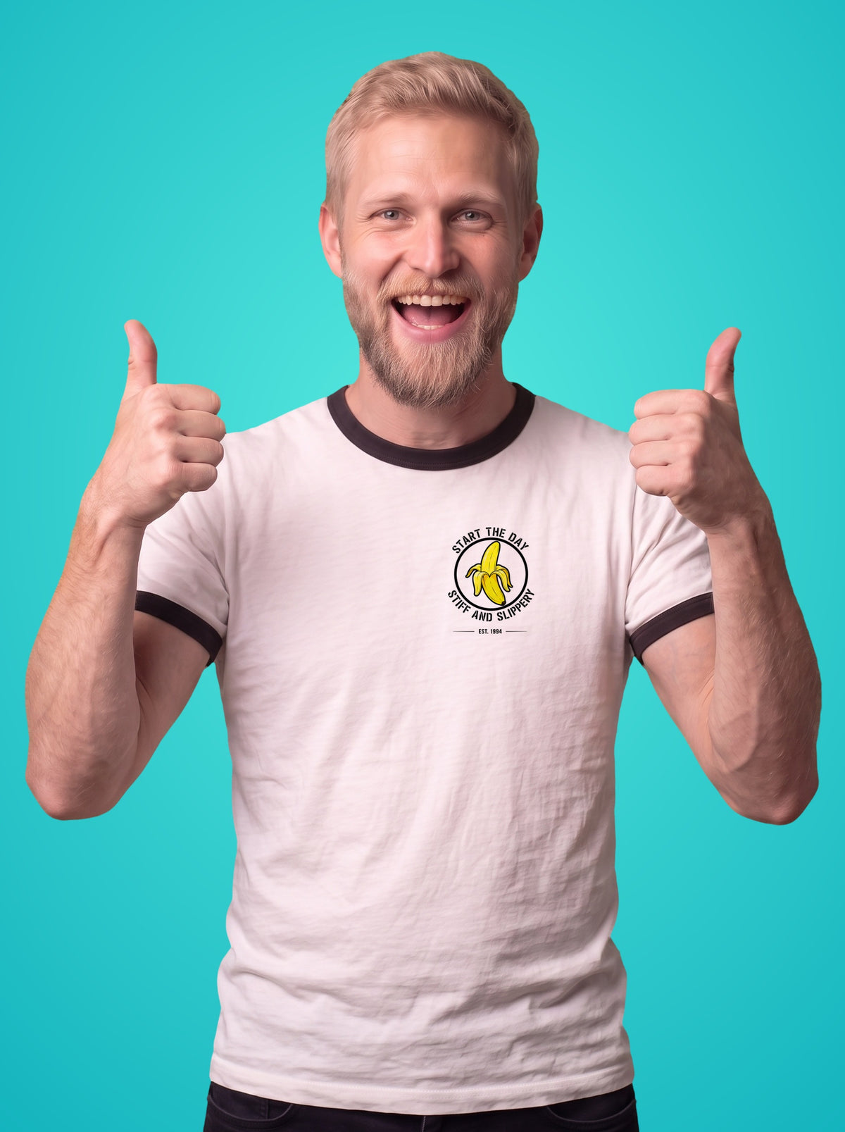 Stiff & Slippery ringer t-shirt worn by a man, banana print on the left chest