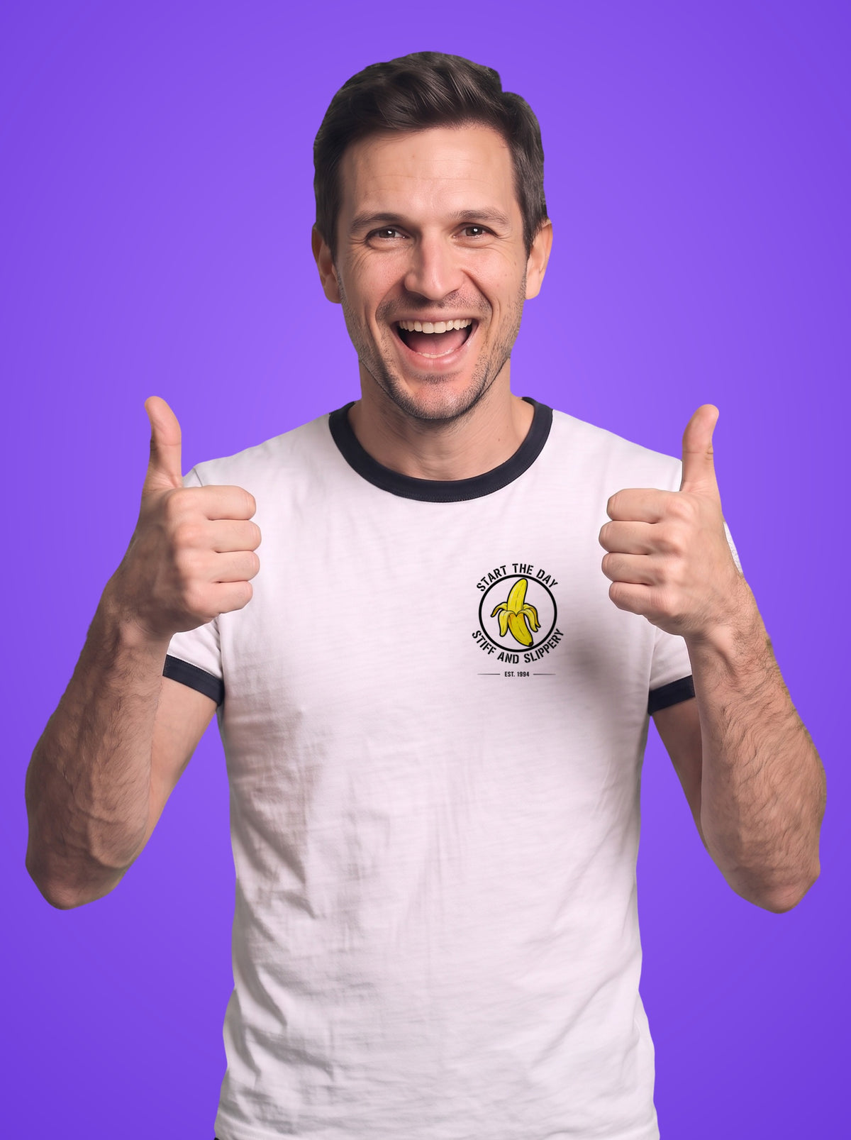 Stiff & Slippery ringer t-shirt worn by a man, banana print on the left chest