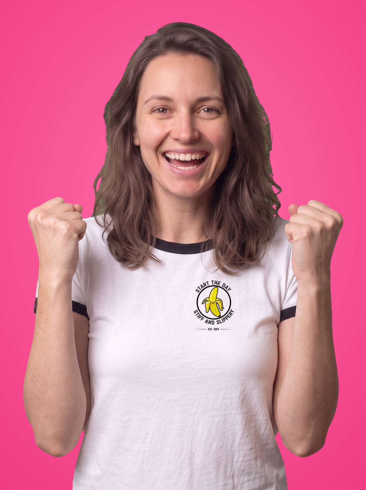 Stiff & Slippery ringer t-shirt worn by a woman, banana print on the left chest
