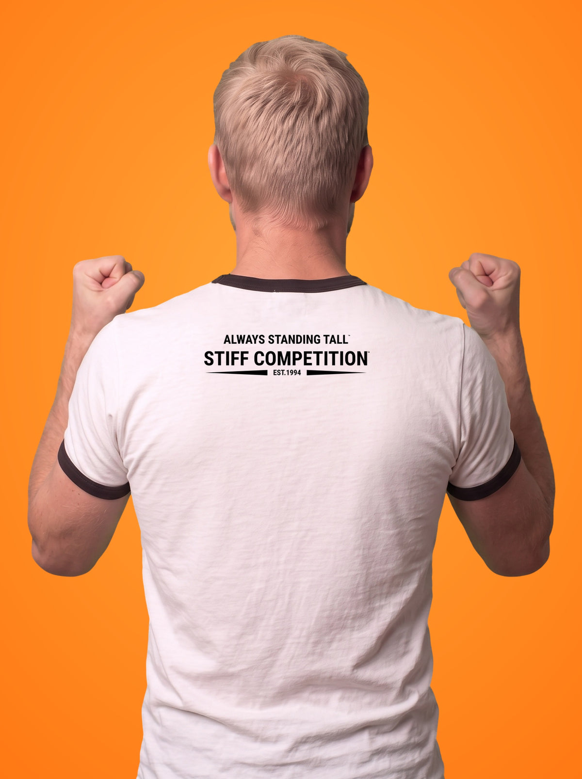 Back of the ringer t-shirt with the Always Standing Tall Stiff Competition logo