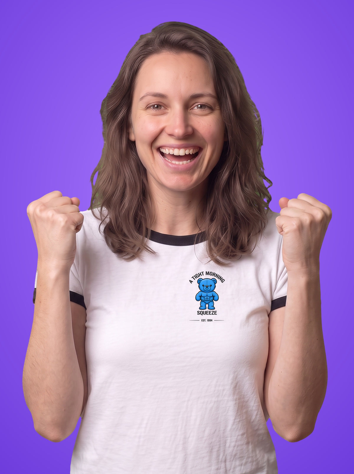 A Tight Morning Squeeze ringer t-shirt worn by a woman, teddy bear print on the left chest