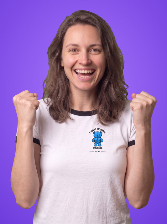 A Tight Morning Squeeze ringer t-shirt worn by a woman, teddy bear print on the left chest
