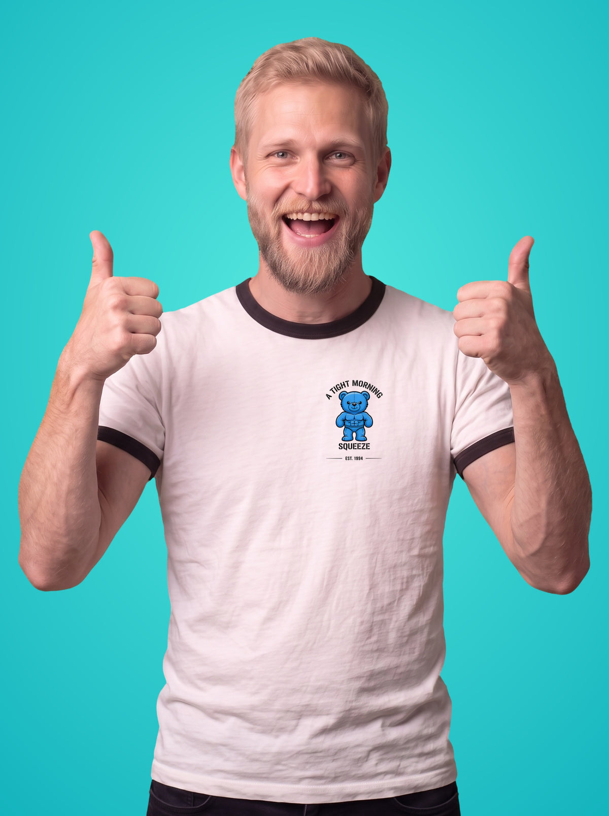 A Tight Morning Squeeze ringer t-shirt worn by a man, teddy bear print on the left chest