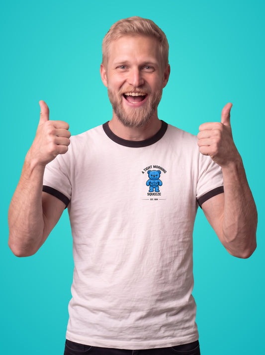 A Tight Morning Squeeze ringer t-shirt worn by a man, teddy bear print on the left chest