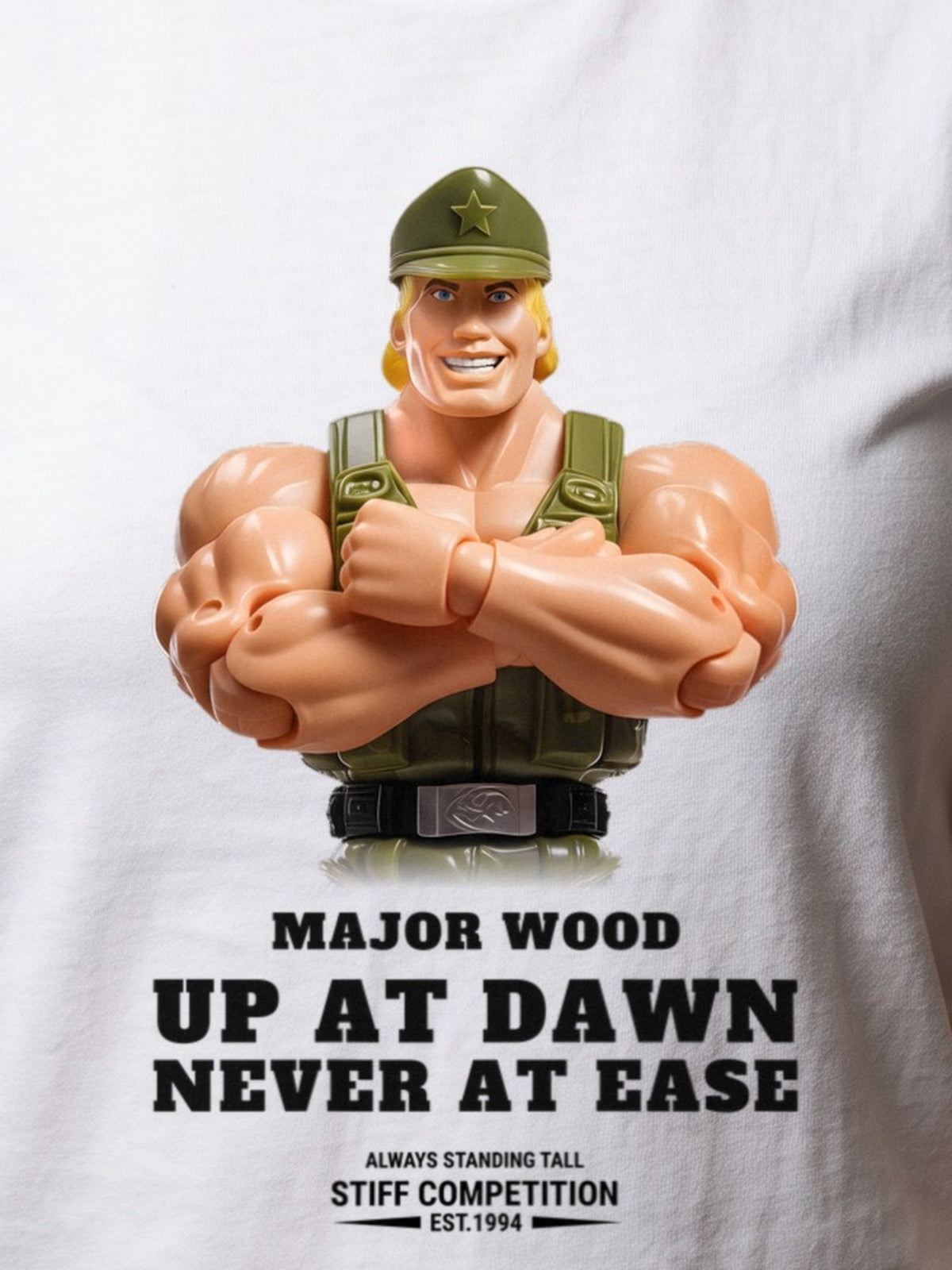 Close-up of the Major Wood Up At Dawn, Never At Ease chest print