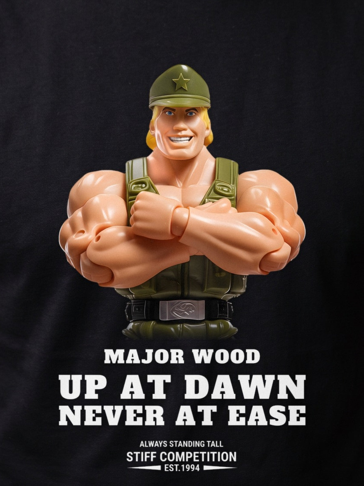 Close-up of the Major Wood Up At Dawn, Never At Ease chest print