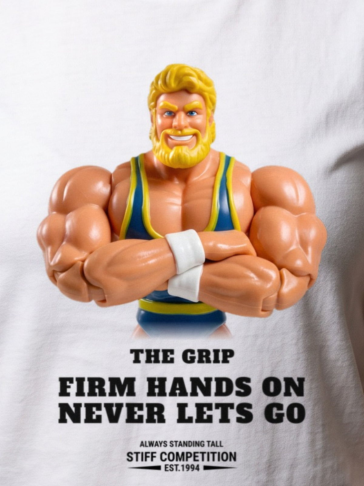 Close-up of The Grip Firm Hands On, Never Lets Go chest print