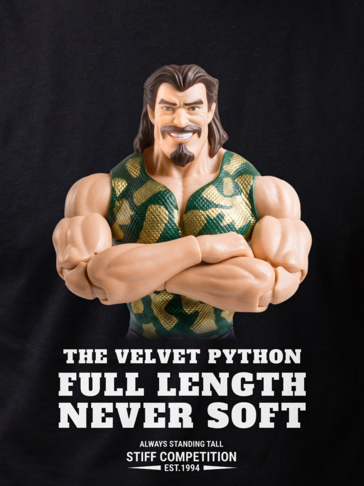 Close-up of The Velvet Python Full Length, Never Soft chest print